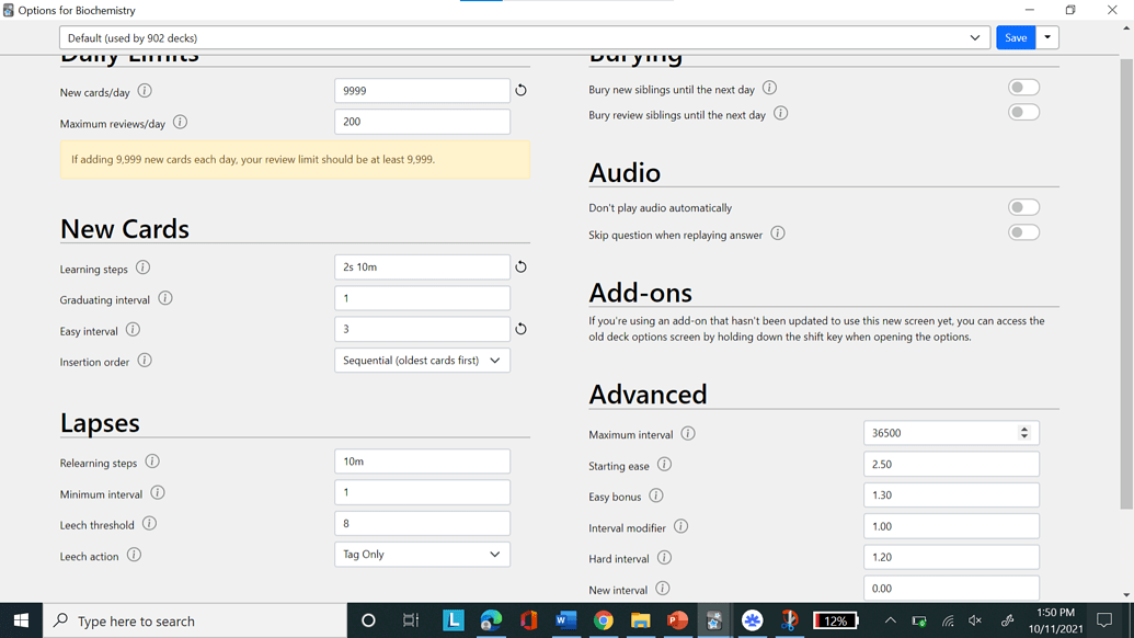 default anki settings