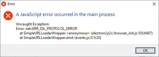 A JavaScript error occurred in the main process. Uncaught